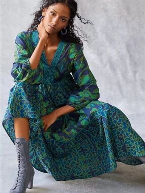 Anthropologie Ro’s Garden Tulip Cover Up Maxi Dress Blue / Green Boho Embroider